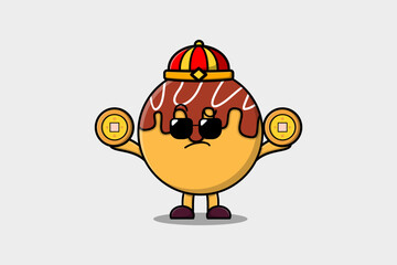 Cute cartoon Takoyaki chinese character holding coin in vector icon illustration