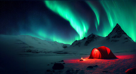 Mountain camping, tent on Winter snowy landscape. Northen polar lights, green color Aurora borealis on sky, AI generative