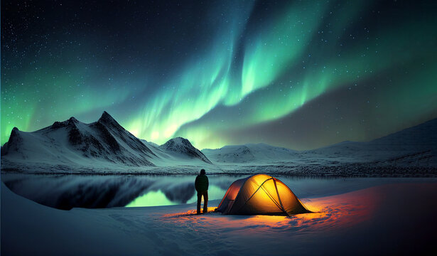 Mountain camping, man standing out of a tent, Winter snowy landscape. Northen polar lights, green color Aurora borealis on sky, AI generative