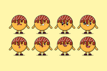 Set kawaii Takoyaki cartoon character with different expressions cartoon face vector illustrations