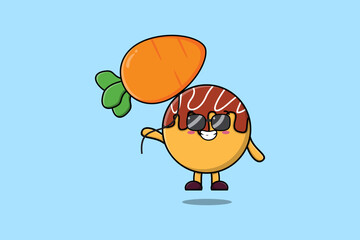 Cute cartoon Takoyaki floating with carrot balloon in flat cartoon vector icon illustration