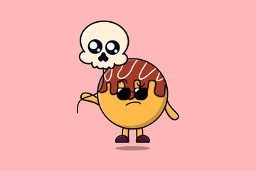 Cute cartoon Takoyaki floating with skull balloon in flat cartoon vector icon illustration