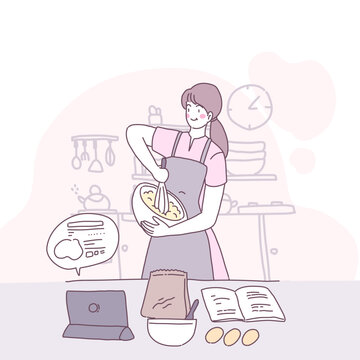 Vector flat illustration with a girl who cooks in the kitchen