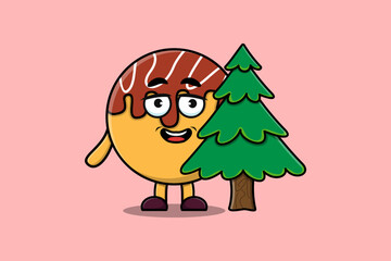 Cute cartoon Takoyaki character hiding tree in flat modern design in modern style design