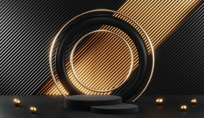 3D rendering of backdrop black podium background show room for black friday products and sale banner