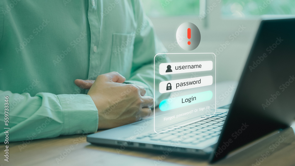 Poster Man typing login and password, cyber security concept, Secure encryption and access to the user's private information to access the Internet. Exclamation mark.