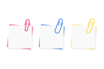 Paper clip. Set of colorful sticky notes and pins. Colored paperclips with blank notepaper. Isolated on white background. Template for memo. Vector Illustration
