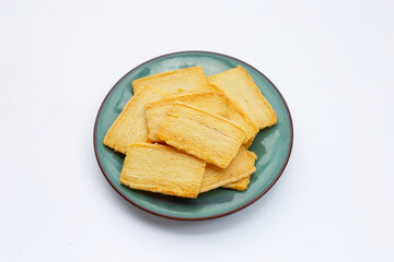 Cheese crispies on white background.
