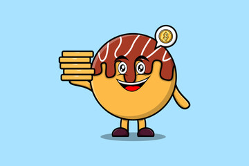 Cute cartoon Takoyaki character holding in stacked gold coin vector illustration