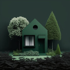 Fototapeta na wymiar minimal house in modern garden, paint green color on background by Generative AI