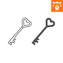 Key with heart shape line and solid icon, outline style icon for web site or mobile app, love and valentines day, master key vector icon, simple vector illustration, vector graphics.