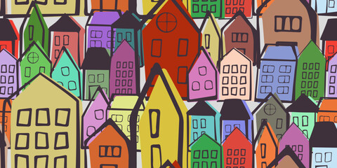 Hand-drawn houses. Seamless from children's drawing houses. For seamless surfaces, packaging, textiles, notebooks, wallpapers, cups, and other prints.