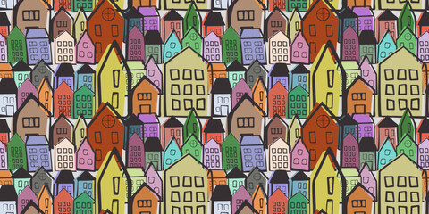 Colored hand-drawn houses. Vector print seamless from children's drawing houses. For seamless surfaces, packaging, textiles, notebooks, wallpapers, cups, and other prints.