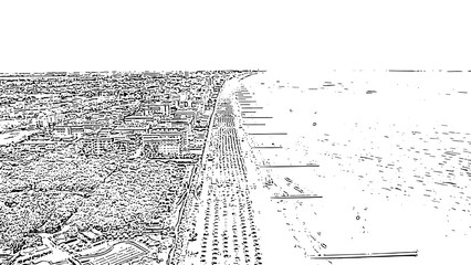 Italy, Jesolo. Lido di Jesolo, is the beach area of the city of Jesolo in the province of Venice. Doodle sketch style. Aerial view