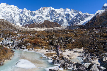 A fairytale landscape with high mountains during Manaslu Circuit Trek in Nepal. The trek circles around Mt. Manaslu, the eighth highest mountain in the world