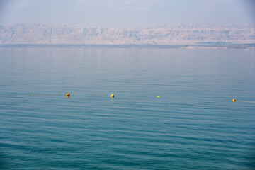Fototapeta na wymiar Panoramic view of the Dead Sea from Jordan on a winter day