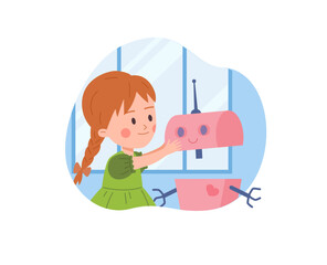 Cute little girl assembling robot, cartoon flat vector illustration isolated on white background.