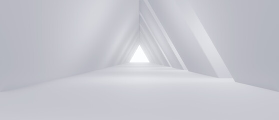 Concept future. Empty Long Light Corridor. Modern white background. Futuristic Sci-Fi Triangle Tunnel. 3D Rendering