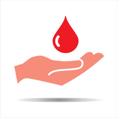 Obraz premium Hand donate blood. World blood donor day concept. Red drop symbol of volunteer blood donation. Vector illustration isolated on white background. Blood for charity.