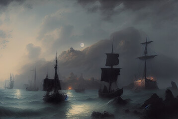 A mountainous island shrouded in mist with rudimentary medieval ships . Generative AI