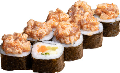 sushi on a white plate. okama roll with shrimp and eel isolated on white background