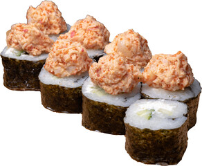 sushi on a white plate. Nihon sushi roll with shrimp and eel isolated on white background