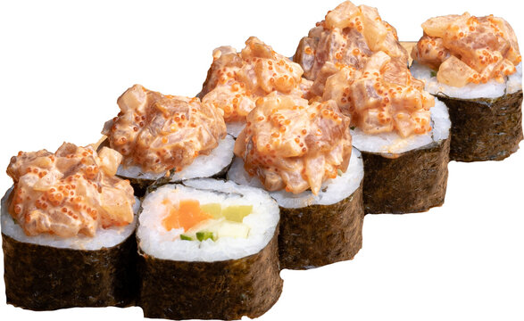 sushi on a white plate. okama roll with shrimp and eel isolated on white background