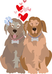 Two dogs form a charming couple, a female dog and a male dog, surrounded by hearts with two boxes for personalized texts
