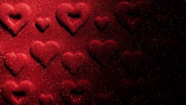 Valentine's Day Abstract Background 4K. Shiny hearts on dark red gradient background. Invitation e-card. 