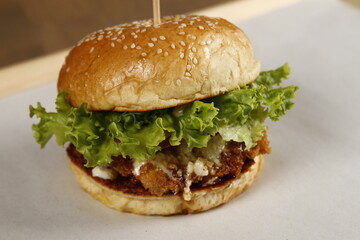 Japanese grilled chicken patty topped with sunny side up egg burger