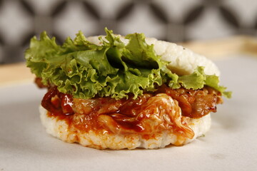Japanese buta kimchi rice burger