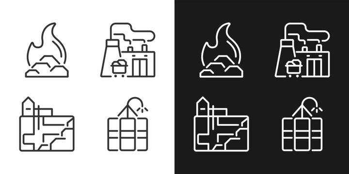 Coal processing pixel perfect linear icons set for dark, light mode. Fossil fuel power plant. Coal combustion. Thin line symbols for night, day theme. Isolated illustrations. Editable stroke