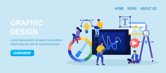 Digital artist create artwork with tablet pc software. Web ui design development. Advert designer or illustrator working on design of web page. Creative process. People drawing with graphic editor © Nadezhda Buravleva