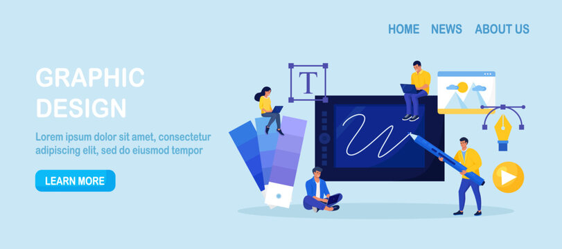 Graphic designers creating artwork using digital pen and tablet. Digital artist working on web page design. Advert designer or illustrator drawing picture on device screen. Professional software