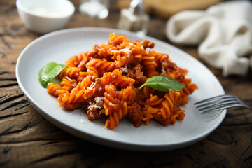 Pasta with minced meat and tomato sauce