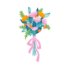 Floral composition in bouquet, isolated flowers in blossom. Botany and decoration. Decorative botany, flora and branches with petals and leaves, vector in flat cartoon style