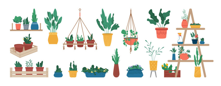 Gardening hobby or florist shop with flower pots and houseplants icons set. Isolated potted plants with lush greenery and foliage, flourishing and blossom. Vector in flat style