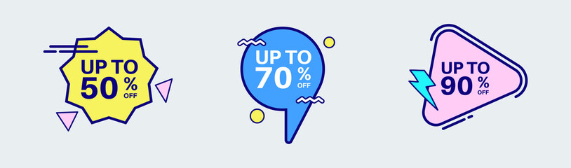 Discount label sticker in retro design style. Sticker with 50, 70, 90, percent off special price.