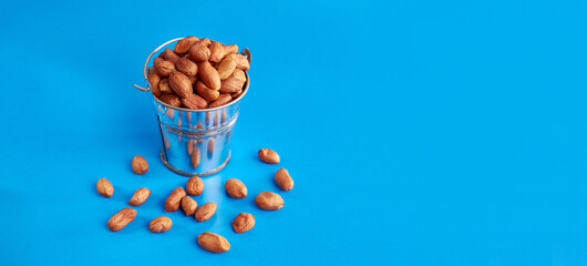 A small metal bucket filled with raw peanuts on a blue background.