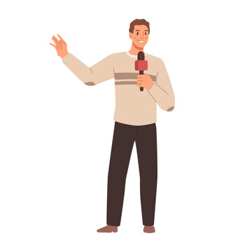 Journalist interviewer with microphone in hands. News presenter male character, flat cartoon person making reportage. Vector illustration talk show host, guy making reportage, media presenter