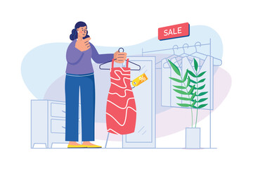 Shopping concept with people scene. Woman customer chooses new outfit and holds dress with discount price in fitting room of store. Illustration with character in flat design for web banner