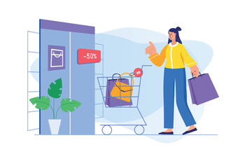 Shopping concept with people scene. Woman customer makes purchases at discount prices and puts bags in supermarket trolley in shop. Illustration with character in flat design for web banner