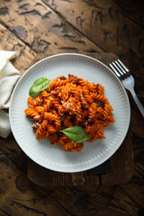 Pasta with minced meat and tomato sauce