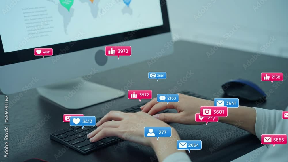 Poster PC user and various notification balloons. Social networking service. SNS marketing. Review website.