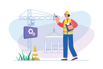 Construction engineer concept with people scene. Woman works as architect, technician or contractor, and stands near crane at cite. Illustration with character in flat design for web banner