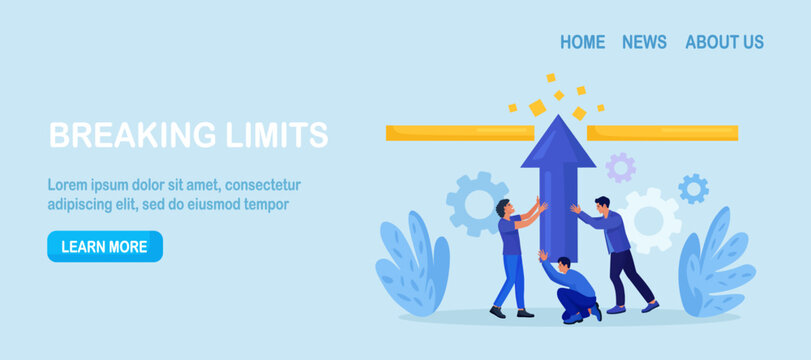 Businessmen try with full effort to break ceiling to growing in work. People overcoming difficulty, limits. Struggle with career obstacle, exceeding boundaries. Business progress, development