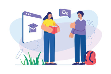 Study time concept with people scene. Students gain knowledge and learning. Woman reading textbook, man preparing for exam e-learning. Illustration with character in flat design for web banner