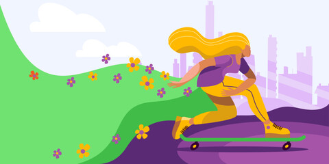 A girl in bright clothes quickly rides a skateboard against the background of the city and brings a blooming spring to the city. A template for a horizontal banner with space for text.