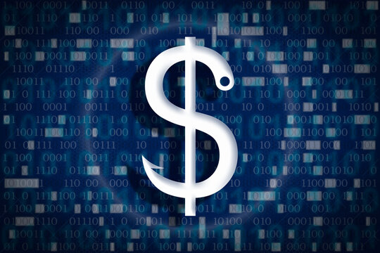Ilustra&ccedil;&atilde;o de um gancho na forma de um cifr&atilde;o atraindo a v&iacute;tima para um ataque de phishing, a fim de atra&iacute;-la e chantage&aacute;-la para obter dinheiro, em um fundo azul com c&oacute;digo bin&aacute;rio