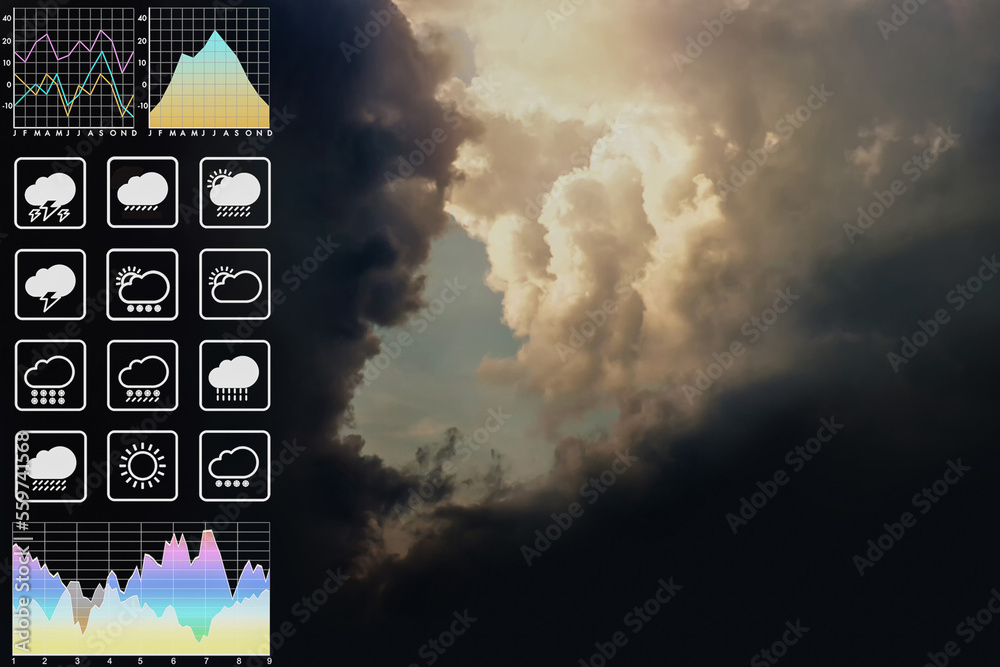 Wall mural weather forecast symbol data presentation with graph and chart on dramatic tropical storm clouds and